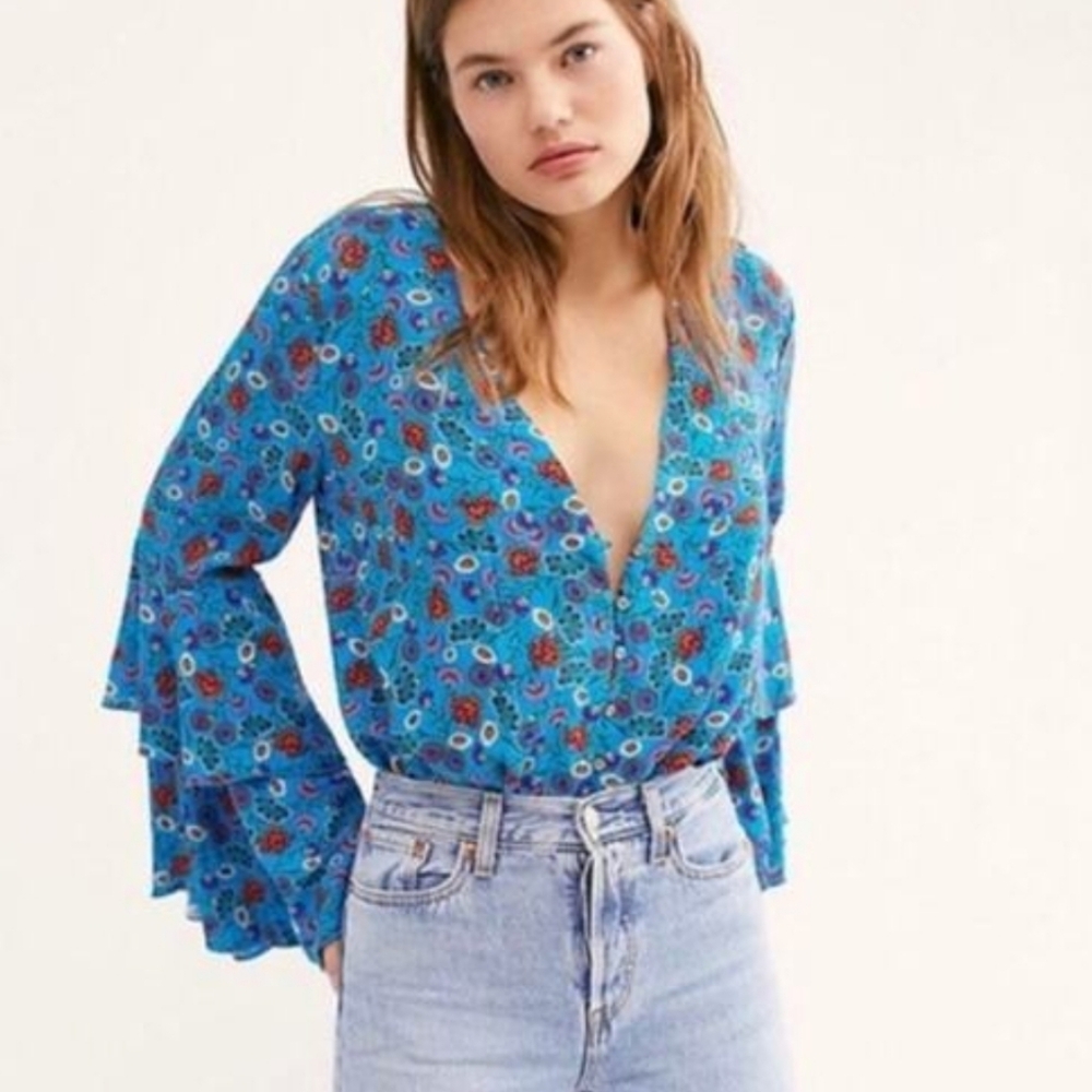Free People She's Dainty Floral Blue Bell Sleeve Bodysuit Top